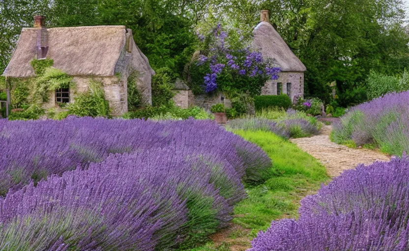 Image similar to Dutch limestone cottage farm, Jerkinhed roof, rustic wood timberwork lavender bushes in the garden, full of flowers, surrounded by oak trees, a cobblestone pathway, dawn, 8K