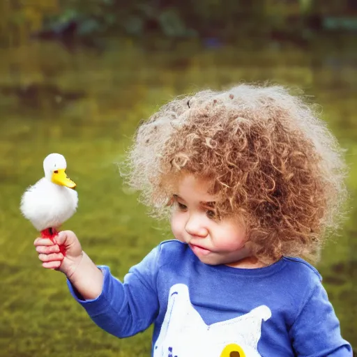 Image similar to toddler with blond curly hair holding a duck, lake, photo realistic, portrait