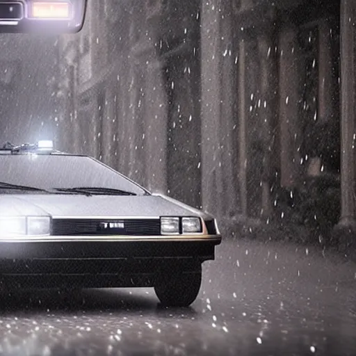 Image similar to hyperdetailed, photorealistic photograph of a dmc 1 2 delorean driving in the streets, rain, night, dense fog, hd, unreal engine 5