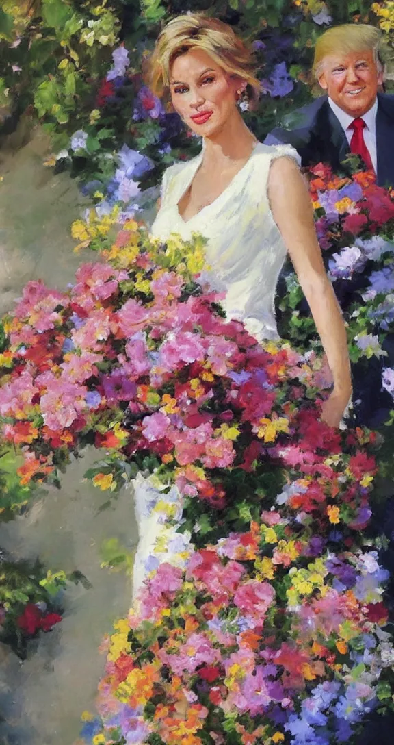 Image similar to romantic portrait of donald trump in an elegant dress surrounded by beautiful flowers, by gregory manchess, james gurney, james jean