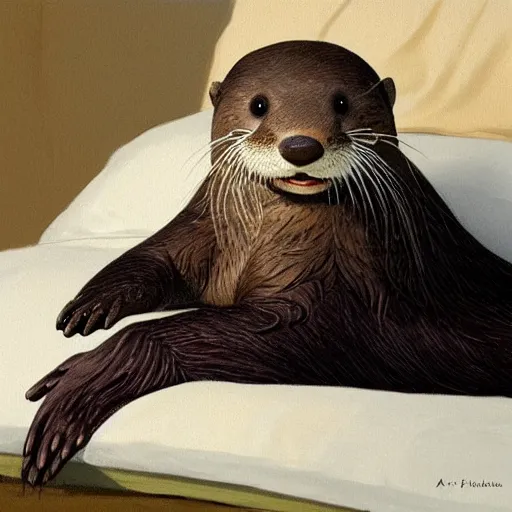 Prompt: a smiling otter wearing a night cap, in bed, hed resting on a pillow, eyes closed, realistic, very detailed, high quality, masterpiece, digital painting by artgerm, by Ralph Horsley