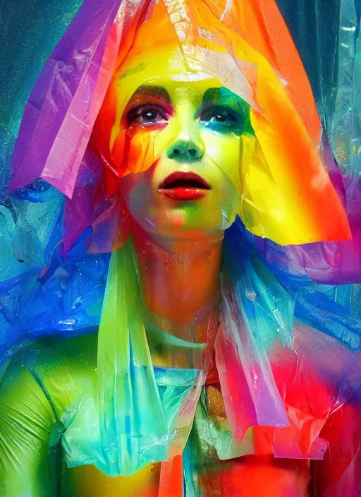 Image similar to colorful rainbow woman in a translucent clothing made from plastic bag with paper bags for clothes standing inside paper bags with paper bag over the head at store display, highly detailed, artstation, art by PAUL LEHR