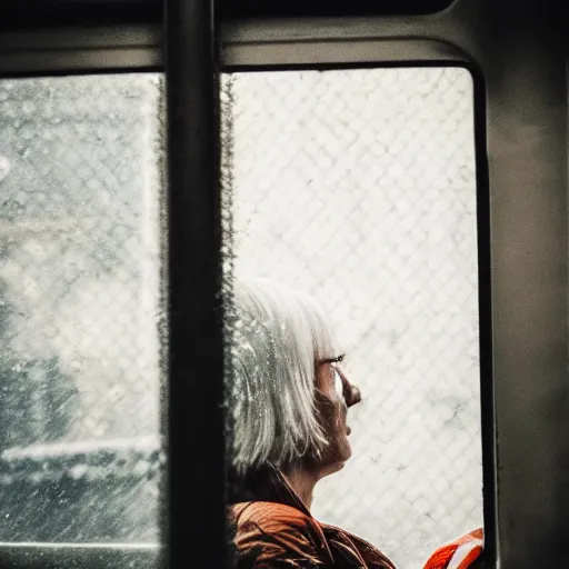 Image similar to a beautiful woman with white hair looking out of a train window, cyberpunk city, photography, dslr 1 5 mm, rainy weather, 4 k