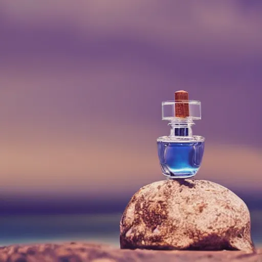 Image similar to perfume bottle on a tropical oasis small rock floating in the reflective blue sea surrounded by plethora of fauna and flora, bright blue skies up close shot, white background, zen, light, modern minimalist f 2 0 clean