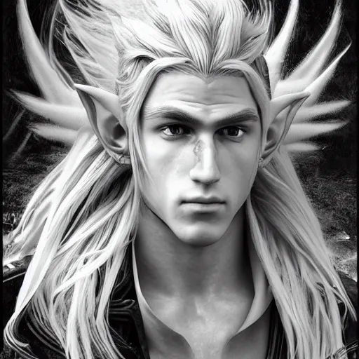 Prompt: masterpiece ultra realistic illustration of a male elf with blonde hair in a ponytail, intricate, dramatic, cinematic, fantasy, highly detailed. in the style of alphonse mucha, final fantasy, artstation trending.