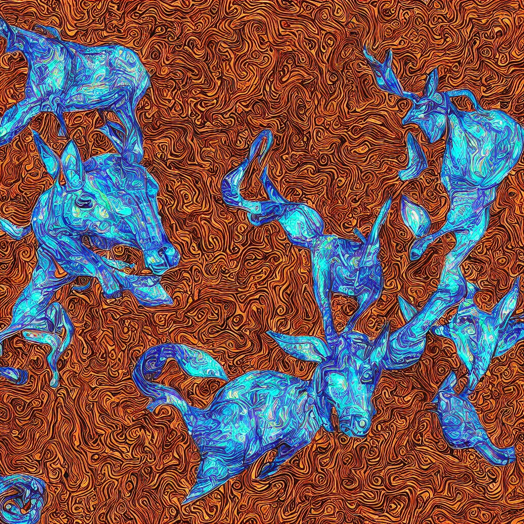 Image similar to mule, surreal, trippy, highly detailed digital art, giant ice cubes, hammered copper background, 1990s