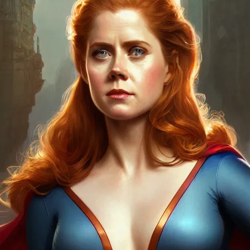 Prompt: beautiful Amy Adams as Superman, western, closeup, D&D, fantasy, intricate, elegant, highly detailed, digital painting, artstation, concept art, matte, sharp focus, illustration, art by Artgerm and Greg Rutkowski and Alphonse Mucha