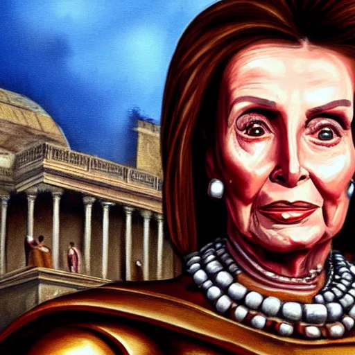 Image similar to painting of nancy pelosi standing in front of 1 6 th century backdrop. she looks like vigo the carpathian wearing armor. patina on armor. she ominously stares forward. she looks like a brutal warlord. hand on hip, arm resting on large stone. sepia toned. dramatic lighting. painting by lou police for ghostbusters 2.