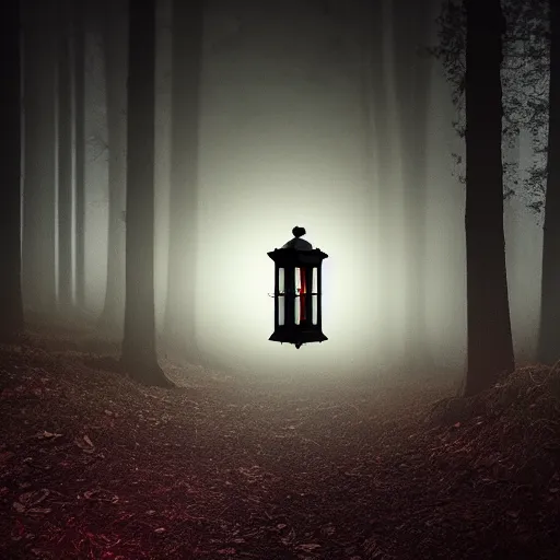 Image similar to a bright lantern in the pitch black, woods, horror, cinematic, intricate, dark, eyes, fog, haunting, 4 k