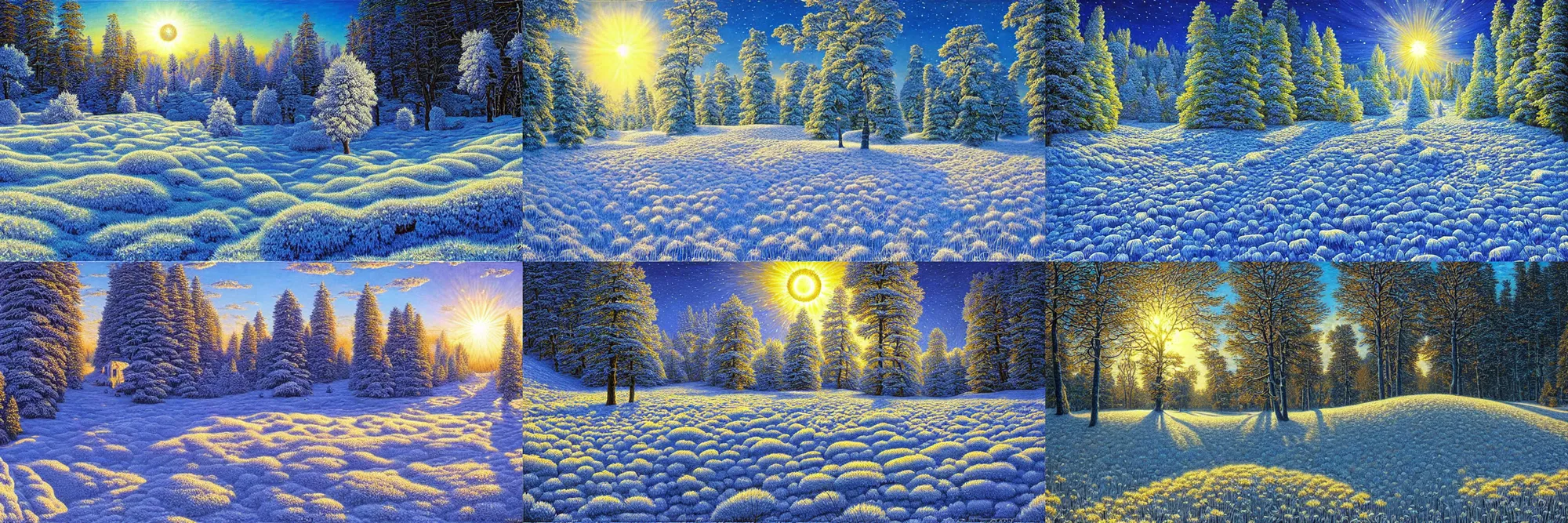 Prompt: stunning landscape of crystallized meadow, blizzard, ultraviolet sun, intricate details, digital art by rob gonsalves, oil on canvas by ivan shishkin