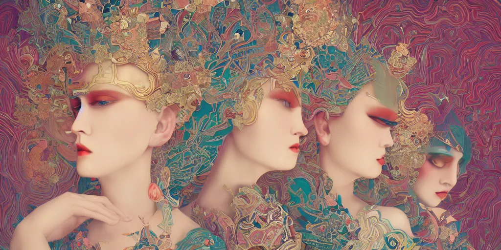 Image similar to breathtaking detailed concept art painting kaleidoscope art deco pattern of blonde faces goddesses by hsiao - ron cheng, amalgamation flowers, bizarre compositions, exquisite detail, extremely moody lighting, 8 k