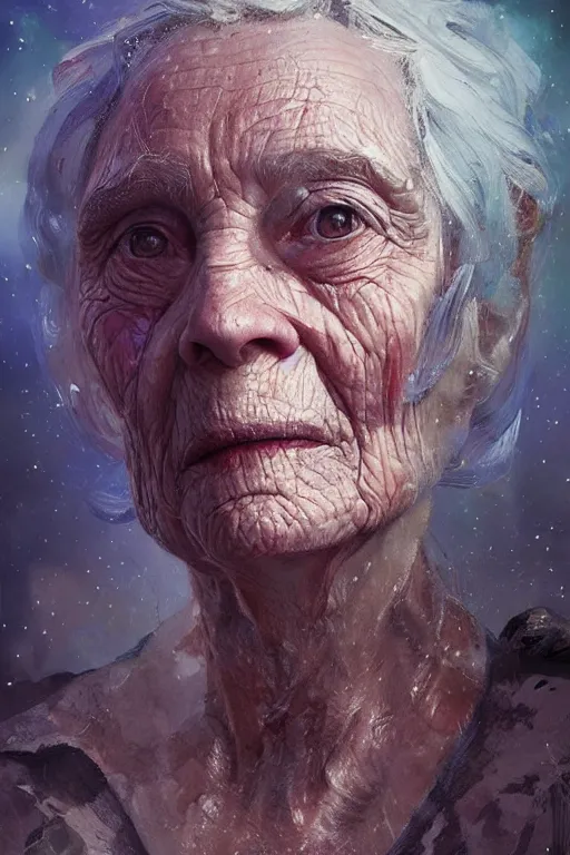 Image similar to the look of an elderly person 4 1 6 0 full of wrinkles and imperfections by artgem and greg rutkowski, highly detailed, high contrast, light reflection, trippy, nebula, trending on artstation