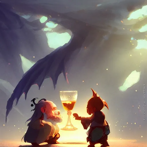 Image similar to a dwarf and a dragon drinking a beer | fantasy art | gapmoe kuudere moody lighting stunning bokeh highlights sharp contrast | trending pixiv fanbox | by greg rutkowski makoto shinkai takashi takeuchi studio ghibli