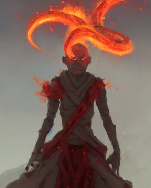 Image similar to tentacled [ squidward ], detailed face, wearing fire nation clothing and practicing firebending outside at susnset, [ greg rutkowski ]