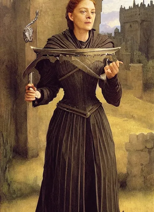 Image similar to minerva mcgonagall wearing medieval armour, game of thrones, bouguereau