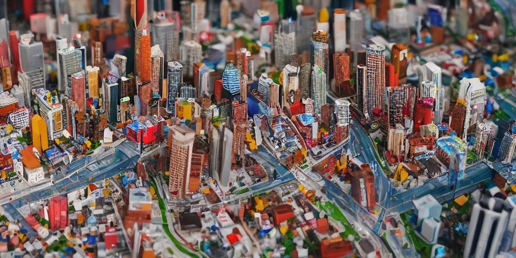 Prompt: a model of toronto constructed out of fast food cups and packaging, miniature photography, diorama, wide - angle macro lens, art, award - winning, beautiful high resolution