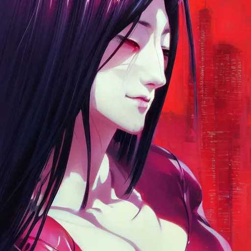 Image similar to A beautiful demon woman with big and cute red eyes || VERY ANIME, fine-face, realistic shaded perfect face, fine details. Anime. realistic shaded lighting poster by Ilya Kuvshinov katsuhiro otomo ghost-in-the-shell, magali villeneuve, artgerm, Jeremy Lipkin and Michael Garmash, Rob Rey and Kentarõ Miura style, trending on art station