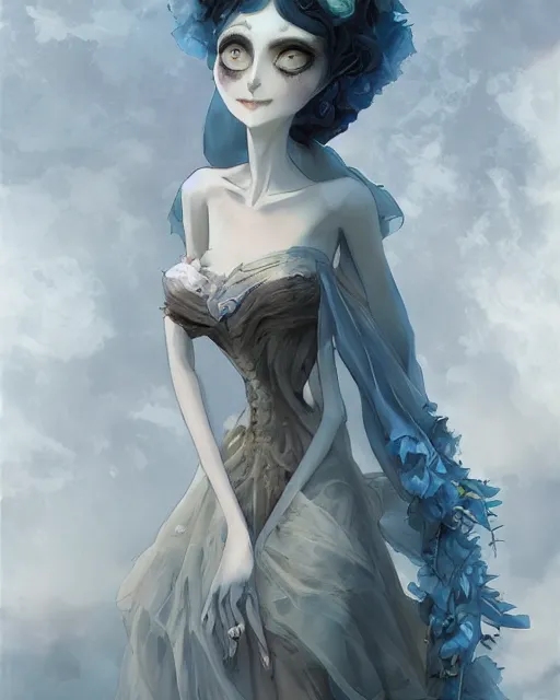 Image similar to still film, elegant mysterious gracious undead victoria everglot from the corpse bride if made by krenz cushart and wenjun lin, portrait, illustration, rim light, top light, summer clear blue sky, perfectly shaded, soft painting, epic, intricate, art