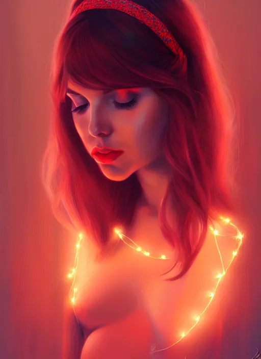 Image similar to portrait of lexi belle with bangs, 1 9 6 0 s, long hair, red hairband, bangs, intricate, elegant, glowing lights, highly detailed, digital painting, artstation, concept art, smooth, sharp focus, illustration, art by wlop, mars ravelo and greg rutkowski