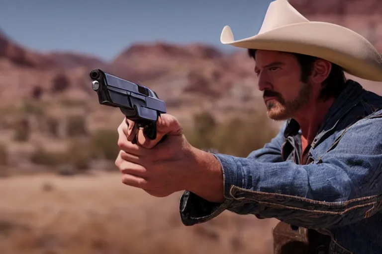Prompt: film still of the main character cowboy standing holding a pistol in the outdoor scene in an action movie posing for the camera 2 0 2 0, 4 k wild west