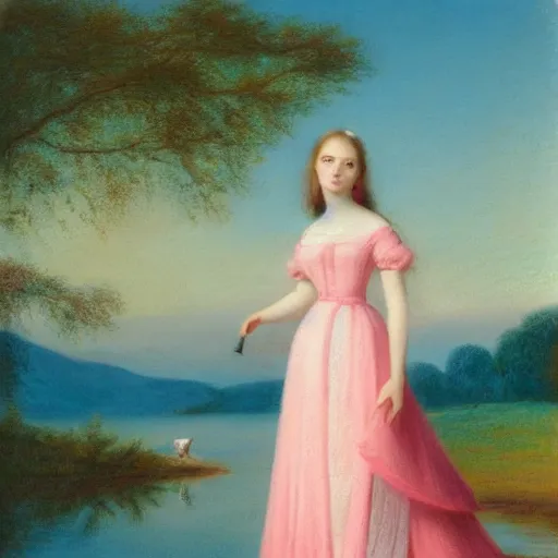 Image similar to a beautiful girl with a beautiful face wearing white dress, a dog, john martin landscape, lake evening, pastel pink and blue colors