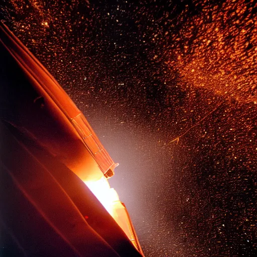 Prompt: apollo command module reentering the earth's atmosphere, heatshield ablasion, fire, dramatic, photograph, epic, cinematic, trail of sparks