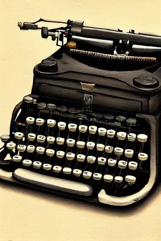Image similar to painting of a typewriter standing on a desk, style of greg rutkowski