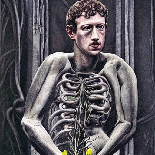 Image similar to mark zuckerberg holding a flower by h.r. giger, horror