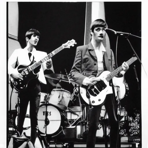 Image similar to The Smiths performs with the Beatles, professional vintage photo, highly detailed, sharp focus, 35mm