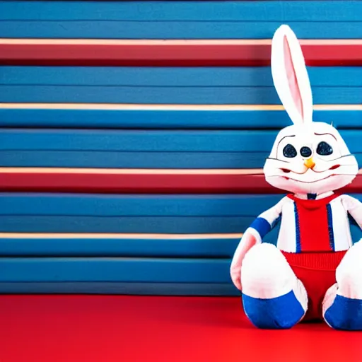 Image similar to photo of a bugs bunny toy sitting infront of a red wall with blue stripes.