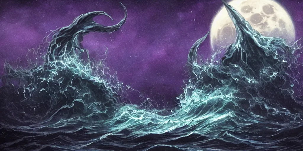 Prompt: the ocean shook in terror, the skies trembled in fear and the air stood silent. the mighty eldritch god has awaken from its watery slumber, towering over the stars and the moon