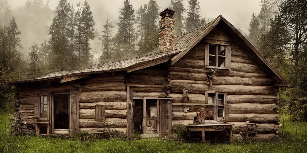 Prompt: rustic country cabin exterior by andreas franke