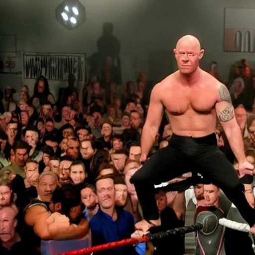 Prompt: max branning as the rock holding his belt above his head on the top rope of a wrestling ring surrounded by a huge crowd