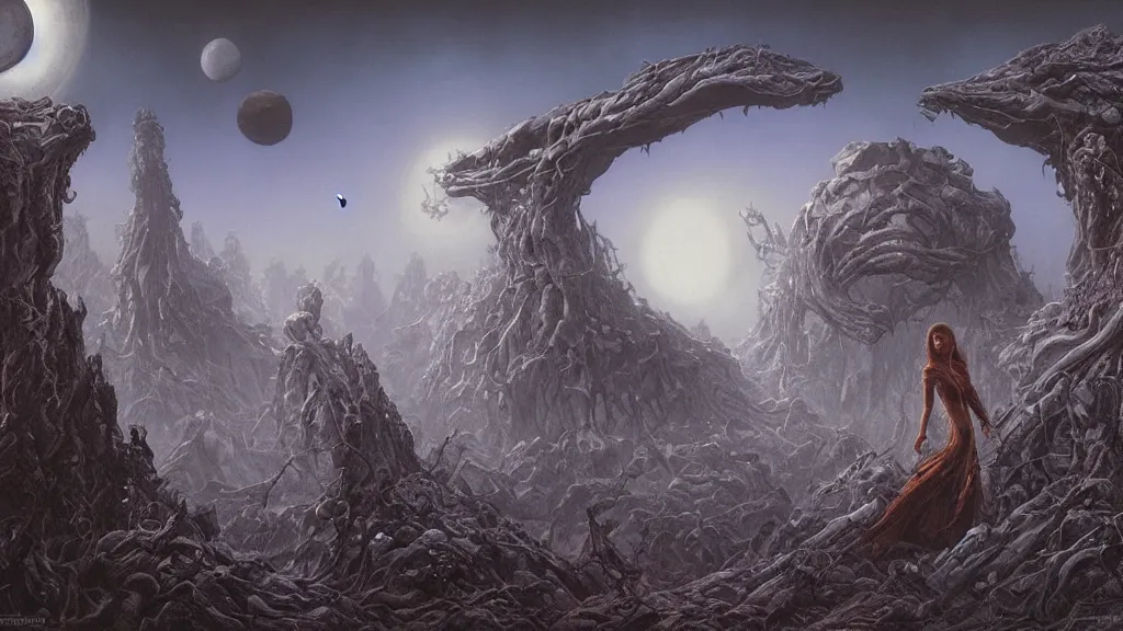 Prompt: eerie atmospheric evolving alien planet by gerald brom and glenn barr, epic cinematic matte painting