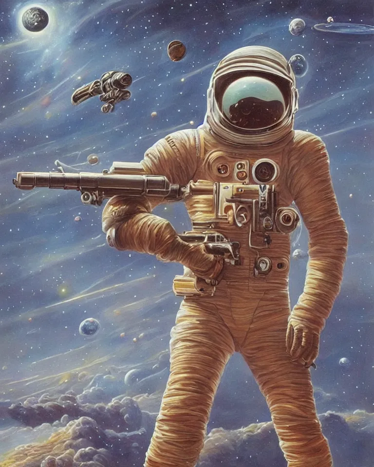 Prompt: a painting of a spaceman holding a rifle, concept art by barclay shaw, featured on deviantart, space art, concept art, sci - fi, cosmic horror