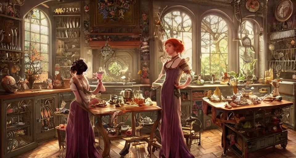 Image similar to a mid - shot of a fairy in a vintage magical kitchen, with one vintage book on a table, with a fireplace in the background d & d, fantasy, intricate, elegant, highly detailed, digital painting, artstation, concept art, smooth, sharp focus, illustration, art by artgerm and greg rutkowski and alphonse mucha