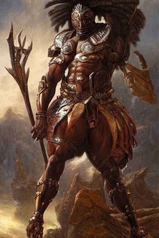 Image similar to a powerful and muscular make african warrior , half body portrait, ornate armour, realistic oil painting by Thomas Cole and Wayne Barlowe and Boris Valejo