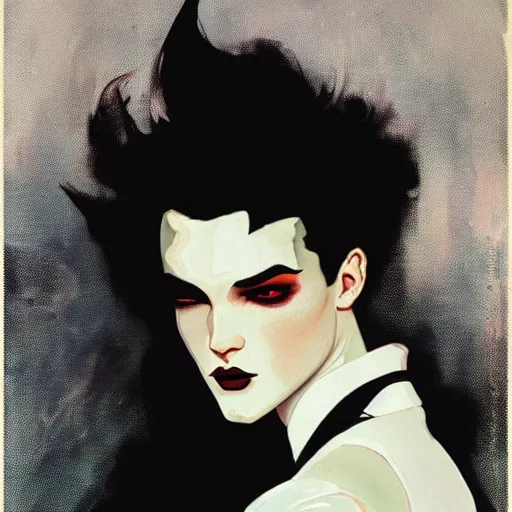 Prompt: beautiful portrait of androgynous ruby rose as desire from sandman in a white tuxedo!!!, rockabilly style,, by alphonse mucha, by jeremy mann, by peter lindbergh, dave mckean, by cedric peyravernay, white suit and black tie, soft lightning, high detailed, 8 k