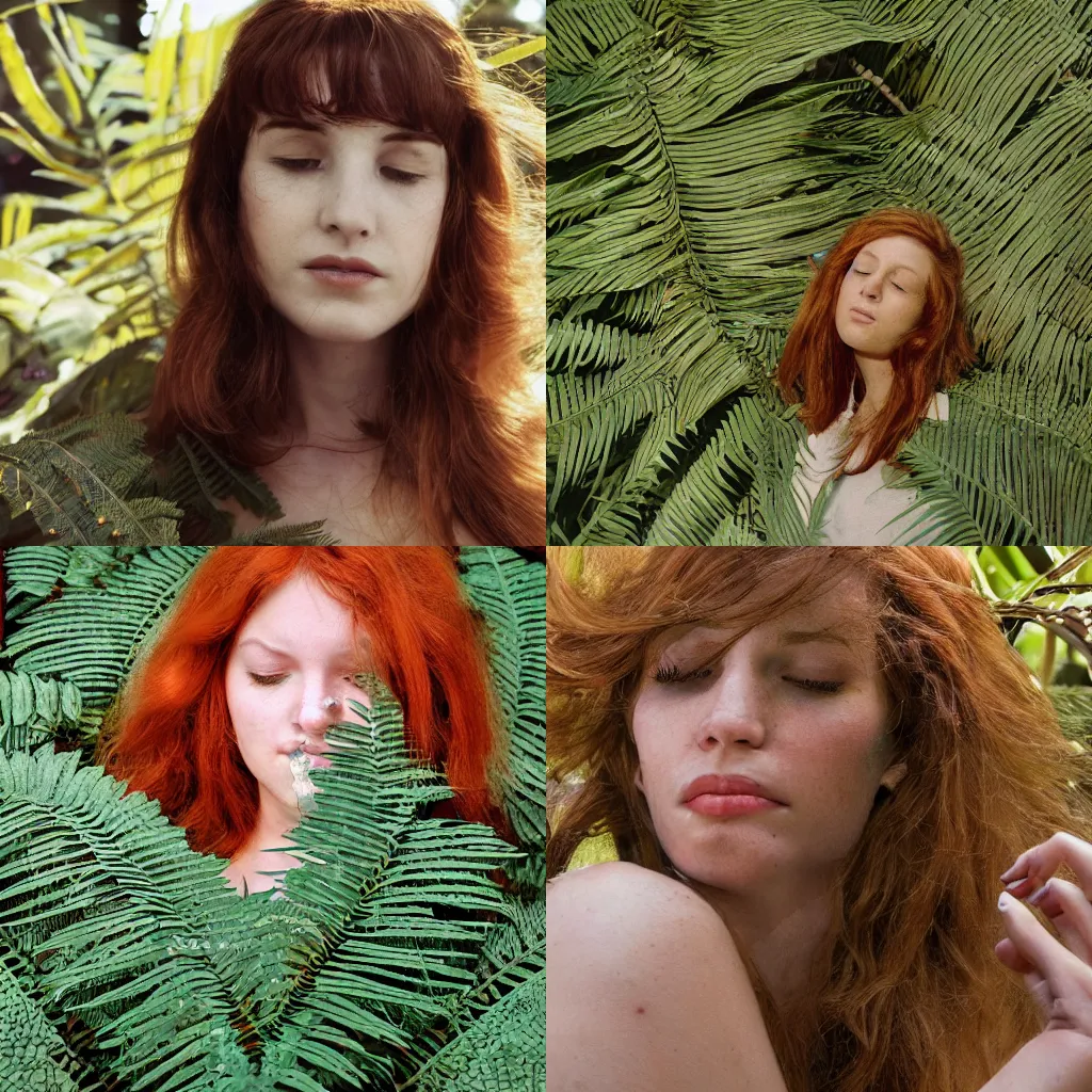 Prompt: An analog head and shoulder frontal face portrait photography of a redhead woman behind multiple big fern leaves by Annie Leibovitz. Long hair. eyes closed. Agfa Vista 800 film. Sunshine. detailed. hq. realistic. Rembrandt light style. warm light. muted colors. lens flare. photoreal. Bloom and glare. Leica M9.