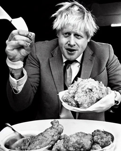 Image similar to film still close - up shot of boris johnson eating fried chicken from the movie monty python's the meaning of life. photographic, photography