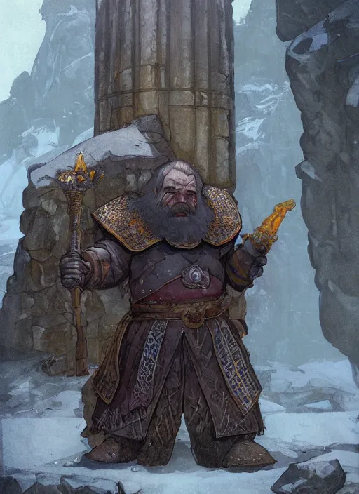 Image similar to Grikki the dwarf. A humble dwarven stone mason completes the great gate of kings. Fantasy concept art. Brutalist architecture.Moody Epic painting by James Gurney, and Alphonso Mucha. ArtstationHQ. painting with Vivid color. (Dragon age, witcher 3, lotr)