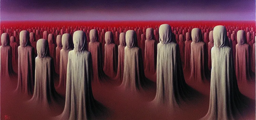 Prompt: dystopian surreal painting aliens in shrouds praying to a single eerie head statue surrounded by uneven buildings, artstyle by zdzisław beksinski