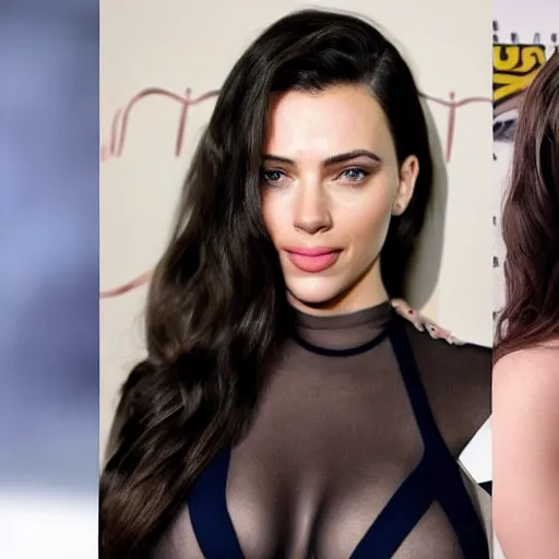 Image similar to a woman who is a genetic combination of kim kardashian and kat dennings and scarlett johansson and margot robbie and emma watson, face and upper - body focus