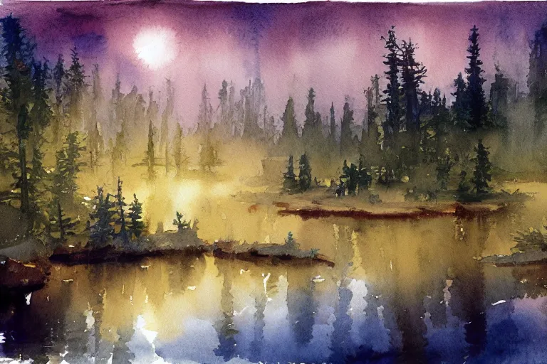 Image similar to small centered on watercolor paper, paint brush strokes, abstract watercolor painting of golden night at mini lake, heavy pine forest, cinematic light, american romanticism by hans dahl, by jesper ejsing, by anders zorn, by greg rutkowski, by greg manchess, by tyler edlin