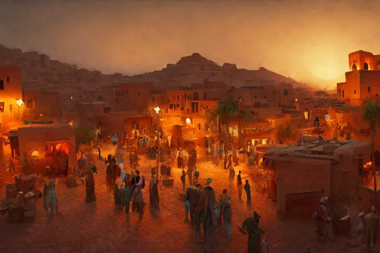 Image similar to in the middle of a adobe house kasbah town, mud and brick houses, merchant street, pueblo architecture, colorful crowd, festival. Scenic view at night, underexposed, clean horizon, matte painting by craig mullins and Anato_Finnstark, concept art trending on artstation, 4k, intricate details