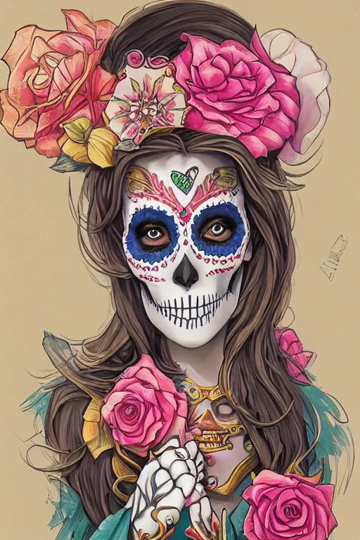 Image similar to illustration of a sugar skull day of the dead girl, art by jesper ejsing