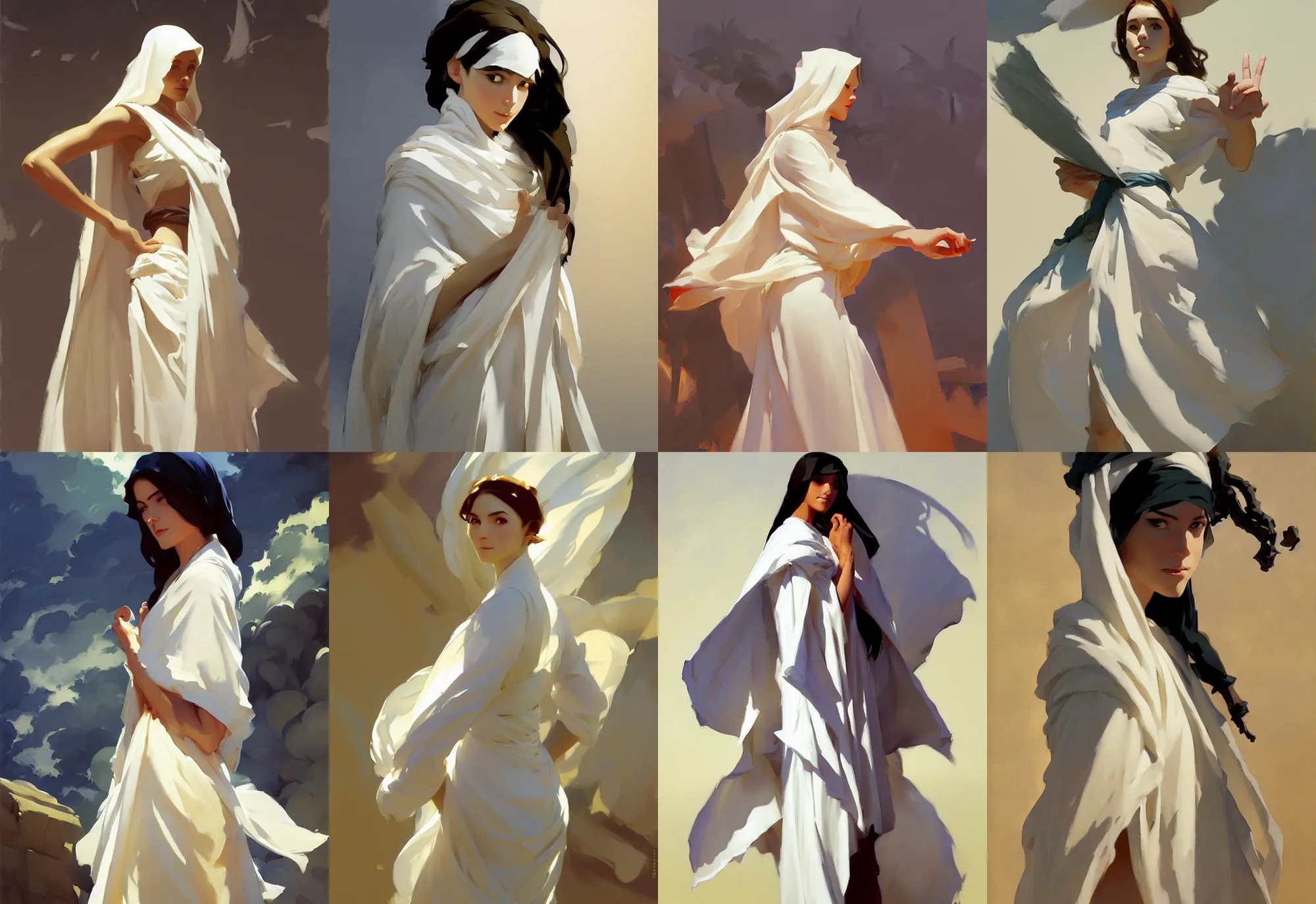 Prompt: white cloth fabric greg manchess painting by sargent and leyendecker, studio ghibli, fantasy, medium shot, asymmetrical, intricate, elegant, matte painting, illustration, hearthstone, by greg rutkowski, by greg tocchini, by james gilleard, by joe fenton