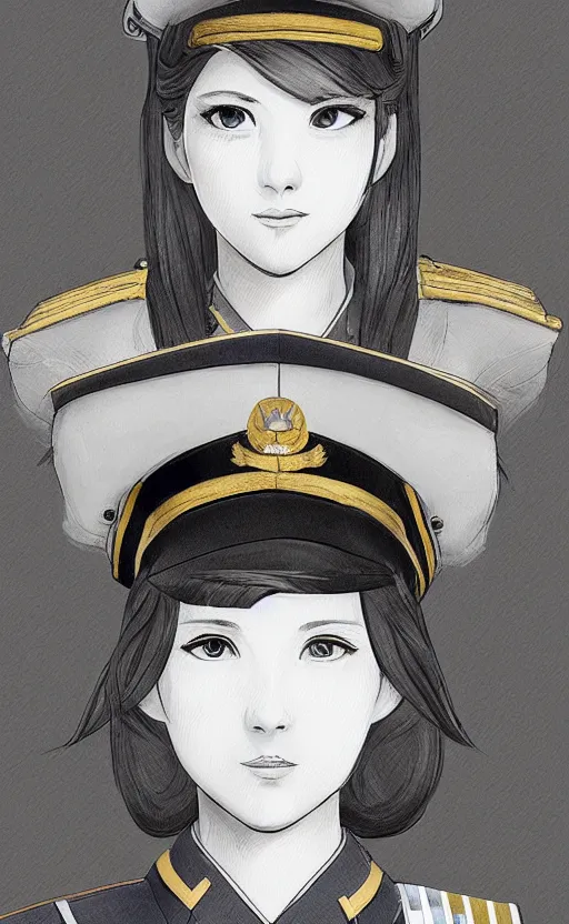 Image similar to portrait of a girl in admiral uniform, highly detailed, high resolution, military naval port in the background, the front of a modern trading card, illustration, character concept art, stunning, ijn style, matte, 100mm, by japanese artist shibafu, realistic human anatomy, world war 2 era, realistic warship design, digitally draw on wacom tablet, low saturation, small eyes, hard surfaces