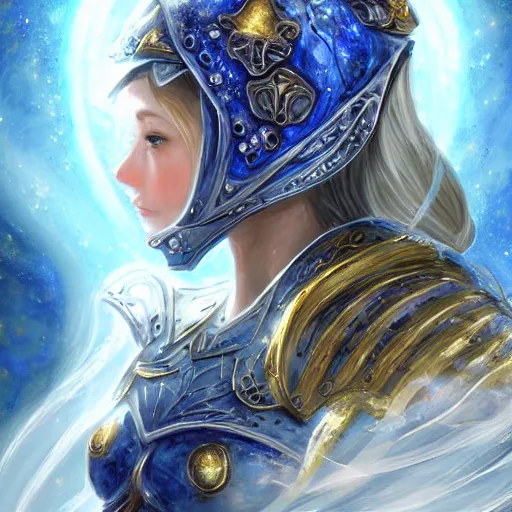 Image similar to portrait knights of Zodiac girl, main in white and second metalic blue color reflected armor, in ruined Agora of Athens luna night and firefly and star sparkles, ssci-fi, fantasy, intricate, very very beautiful, elegant, golden light, highly detailed, digital painting, artstation, concept art, smooth, sharp focus, illustration, art by tian zi and WLOP and alphonse mucha