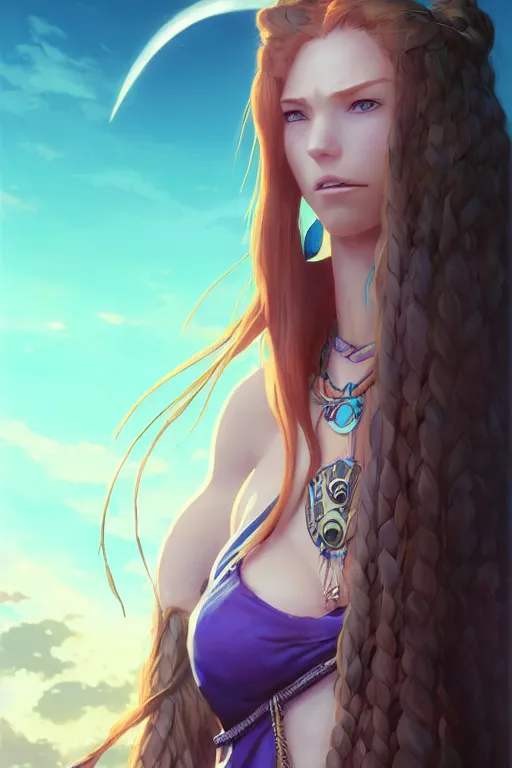 Prompt: long ginger hair, tanned woman in a prehistoric outfit, green eyes, fang necklace, by artgerm, hair tied in a ponytail, white backdrop, soft lighting, blue and purple colors, by greg rutkowski makoto shinkai takashi takeuchi